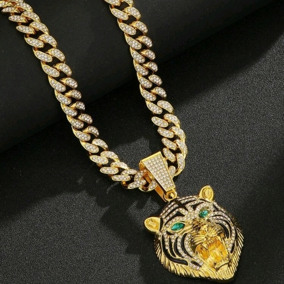 Other - Striking Iced Out Rhinestone & Enamel Green Eyed TIGER Pendant Gold Necklace